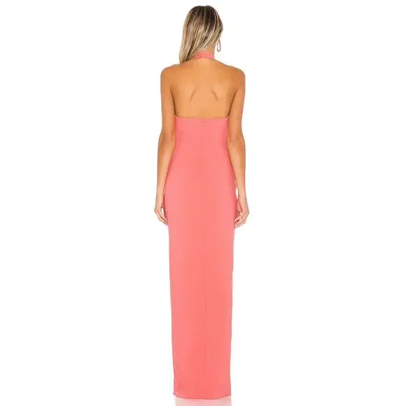 NEW LIKELY Rudina Gown Coral Halter Prom Dress Maxi Leg Slit V-Neck Orange 0